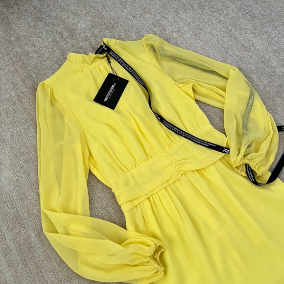 NWT PrettyLittleThing Lemon Yellow Long Sleeve Ruffle Dress 6 - Picture 3 of 11